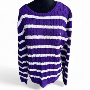 RALPH LAUREN Cable-Knit Striped Scoop Neck Sweater Purple Women’s Size Large